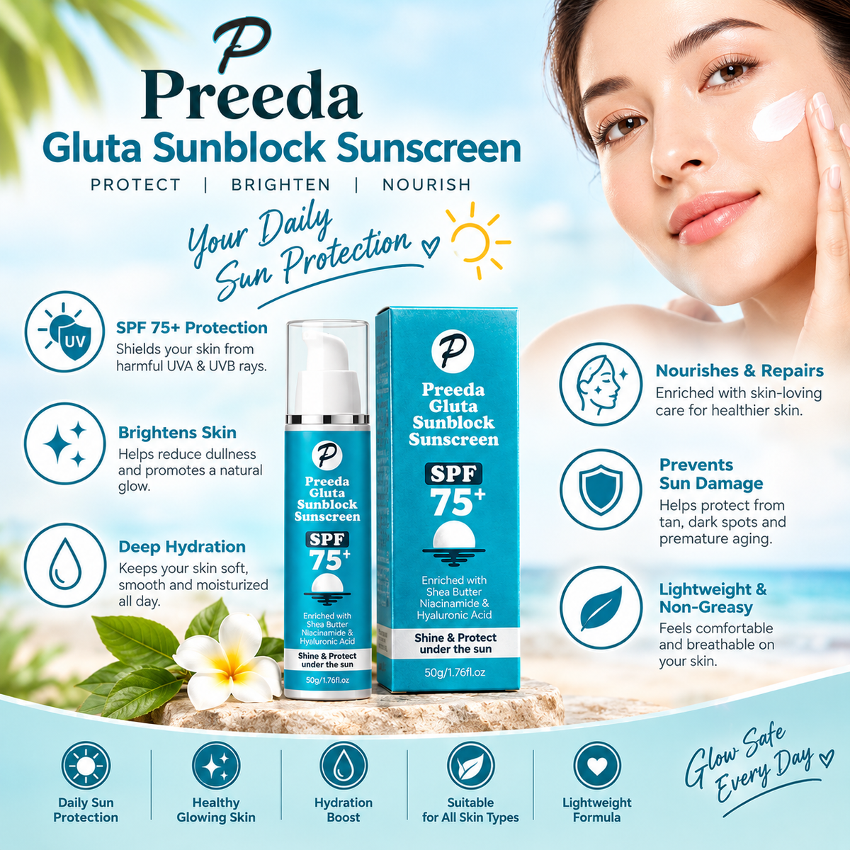 Preeda Gluta Sunblock Sunscreen SPF 75+ – 50g