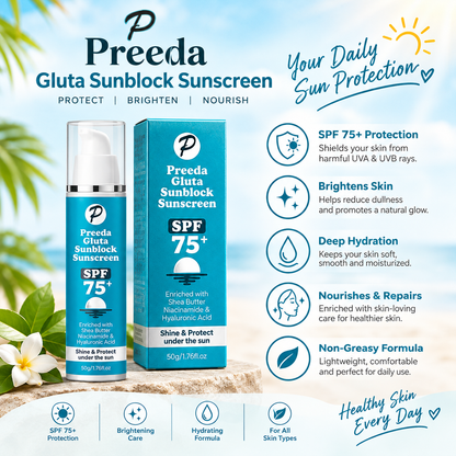 A promotional graphic for Preeda Gluta Sunblock Sunscreen SPF 75+ showing the product box and tube on a light blue tropical background with text callouts about daily sun protection and skin benefits.